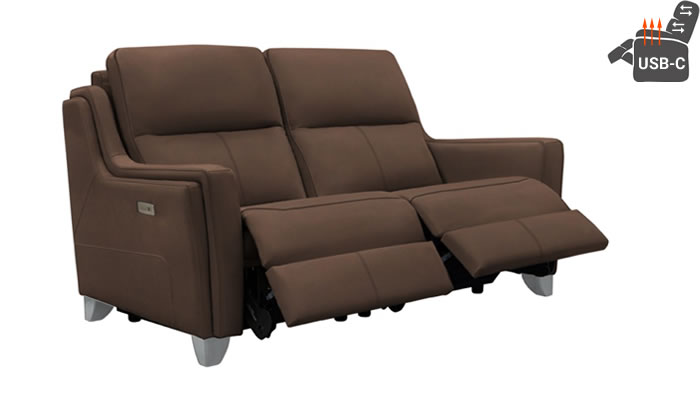 Parker Knoll Portland 2 Seater Double Power Plus Recliner Headrests Lumbar USB Heated Seats Rocco Chocolate Leather Brushed Steel Leg